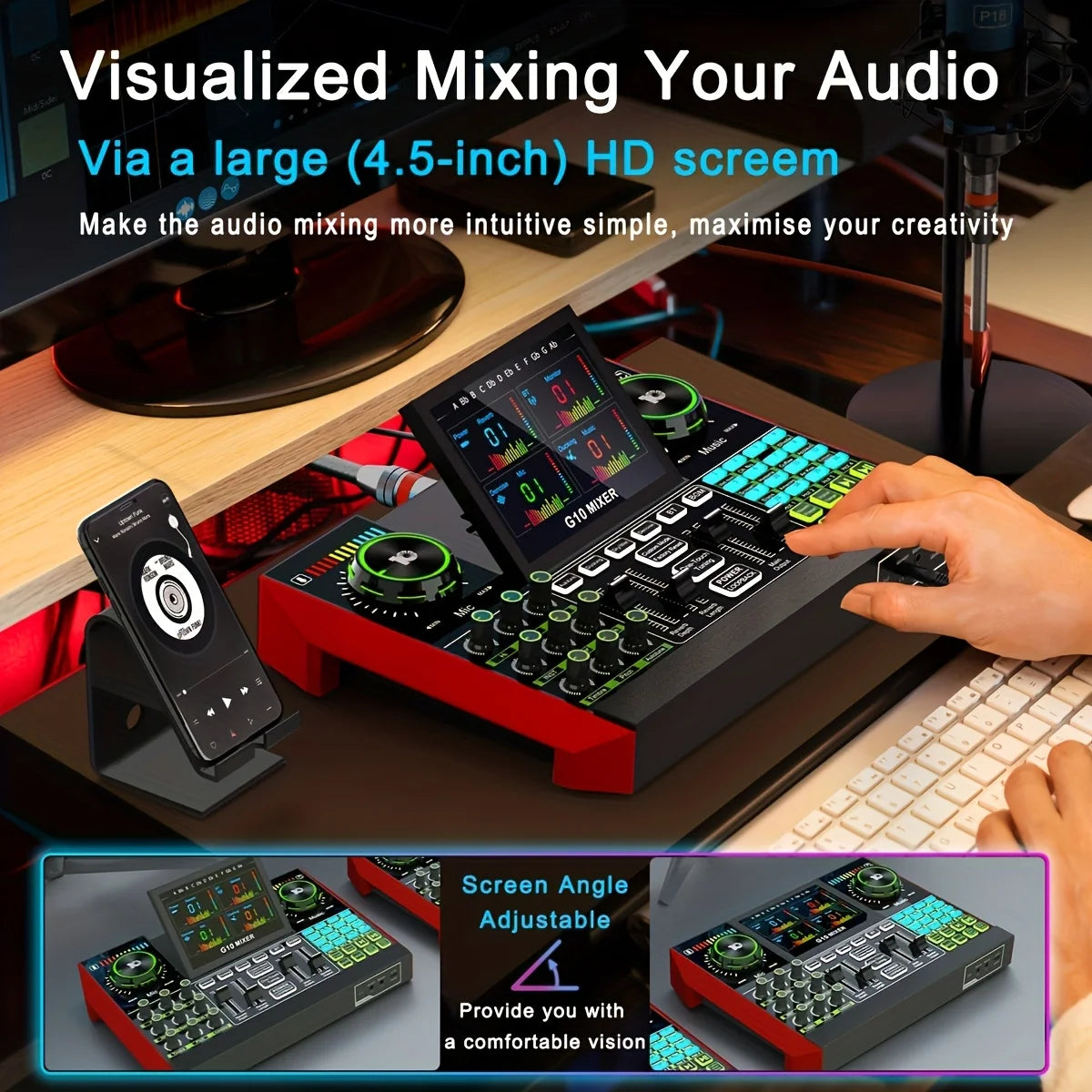 Tenlamp G10 Electronic Music Mixer Professional Studio Recording Sound Card, Dual Noise Cancellation XLR 3.5mm Audio Interface with Voice Changer for PC Smartphone Podcast Gaming Streaming