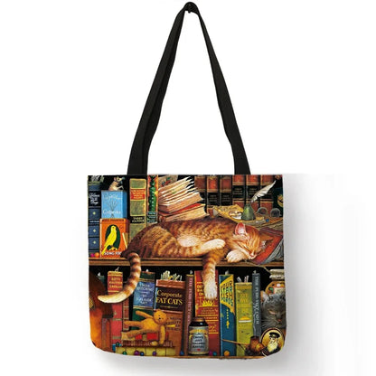 Oil Painting Cat Print Womens Designer Tote Bags Linen Reusable Shopping Bag For Groceries Shoulder Bags for Lady