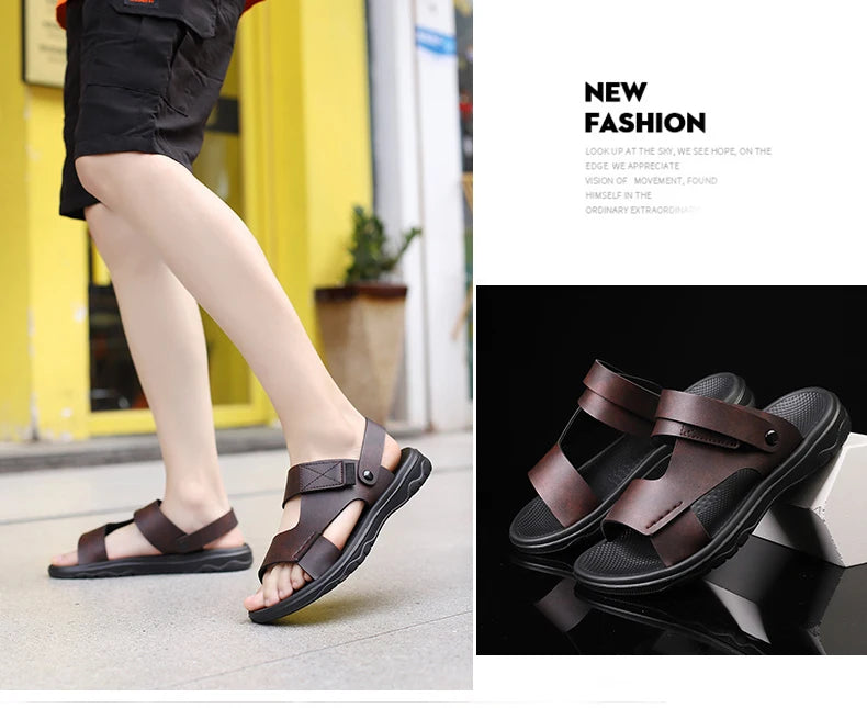 Mens Leather Slippers Comfortable Breathable Summer Big Size Sandals for Men with Soft Sole