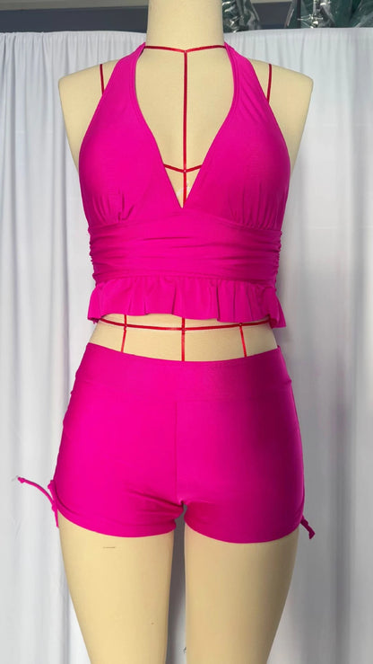 Two Piece Halter Tankini Women Deep V Neck Ruffle Hem Top Drawstring Side Shorts Swimwear