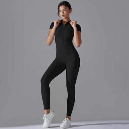Womens Jumpsuits Short Sleeve Yoga Slim Fit Stretch One Piece Romper Sexy Fitness Female Basic Sportwears Black Zipper Ladies