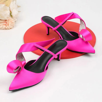 Pink Rhinestone Sandals Woman Pointed Toe Luxury Satin Butterfly Knot High Heel Party Shoes Lady Sexy Mules Slippers