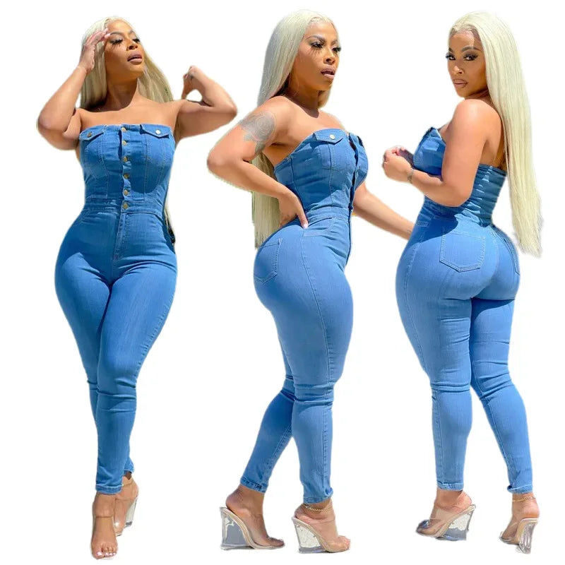 Women 2023 Autumn One Piece Sleeveless Slim Strapless Denim Jumpsuits Tight High Waist Sheath Overalls Long Pants Rompers