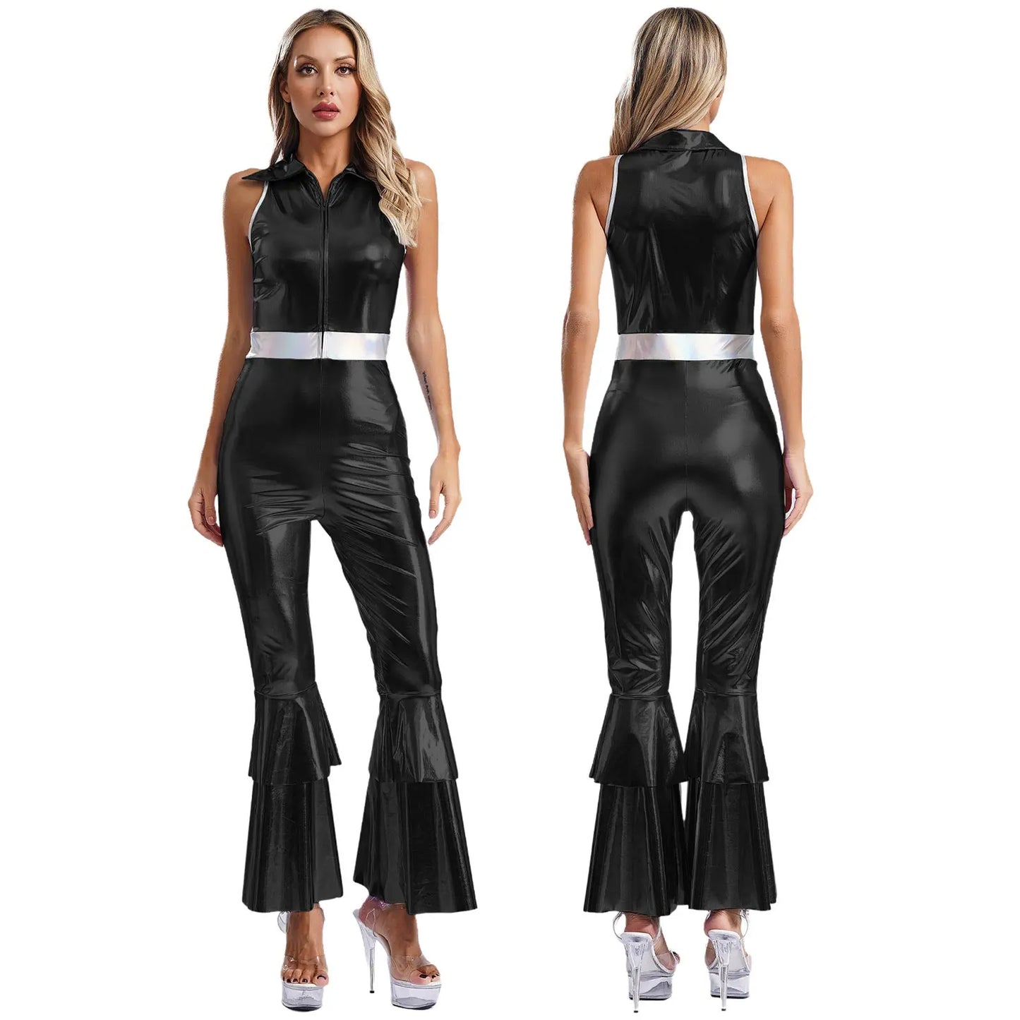 Womens 70S Disco Vintage Jumpsuit Metallic Shiny Flare Sleeve Bodysuit Hippie Bell Bottom Jazz Dance Carnival Rave Party Costume