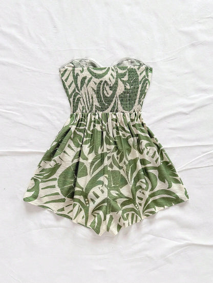 Women's Vacation Spring/Summer Carnival Cruise Party Watercolor Silhouette Printed Lace Up Front Knot Loose Strapless Jumpsuit