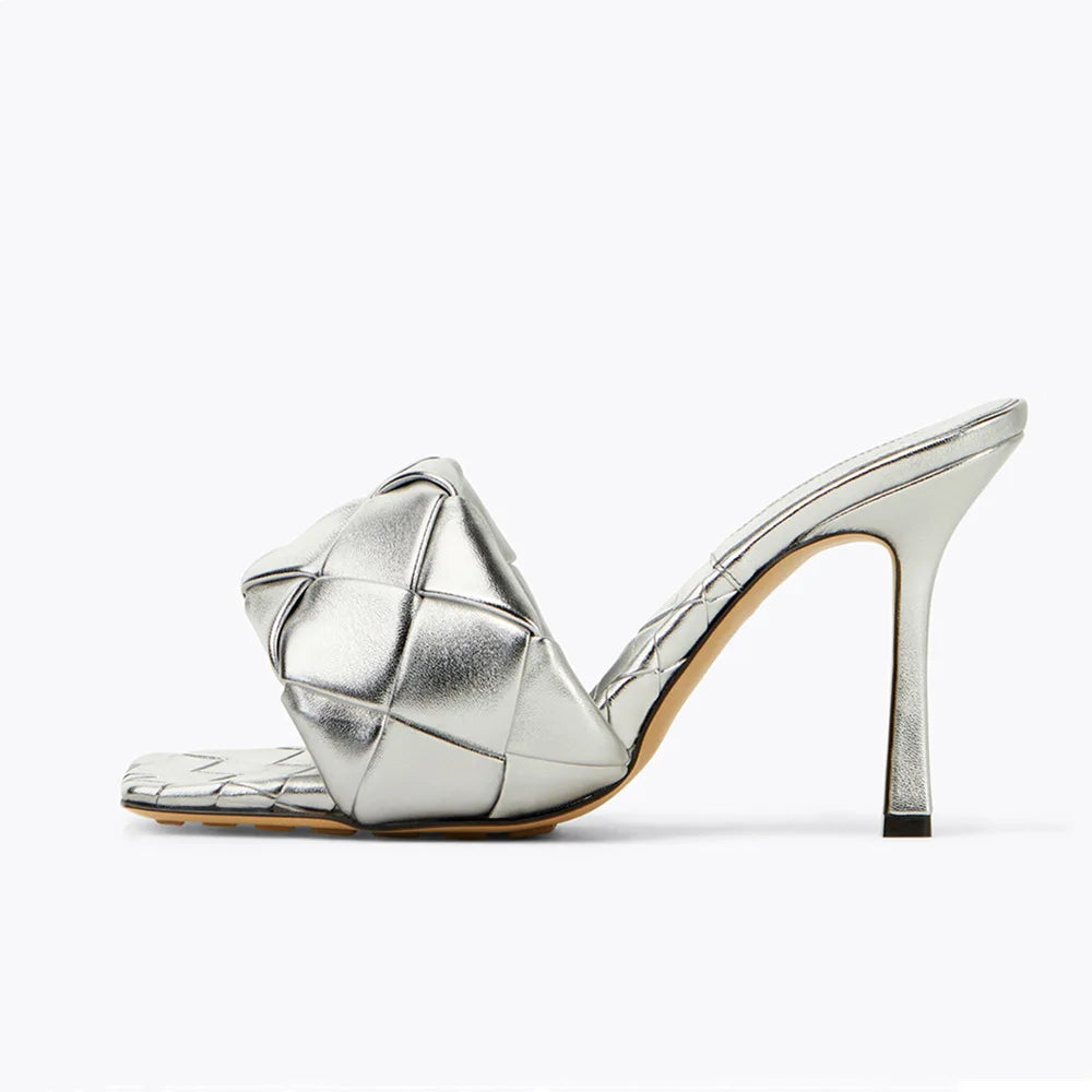 New 2026 Summer Fashion Women's Slippers PU Leather Square Toe Sandals for Women Fluorescent Yellow Fine Heel Ladies High Heels