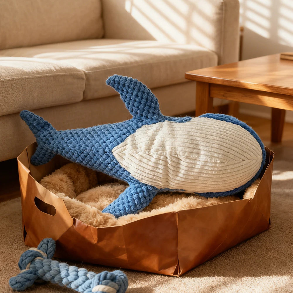 Pet Chew-Resistant Plush Interactive Toy with Sound, Whale-Shaped, Suitable for Large, Medium, and Small Pets Like Cats and Dogs, Double-Layer Fabric, Built-In Airbag
