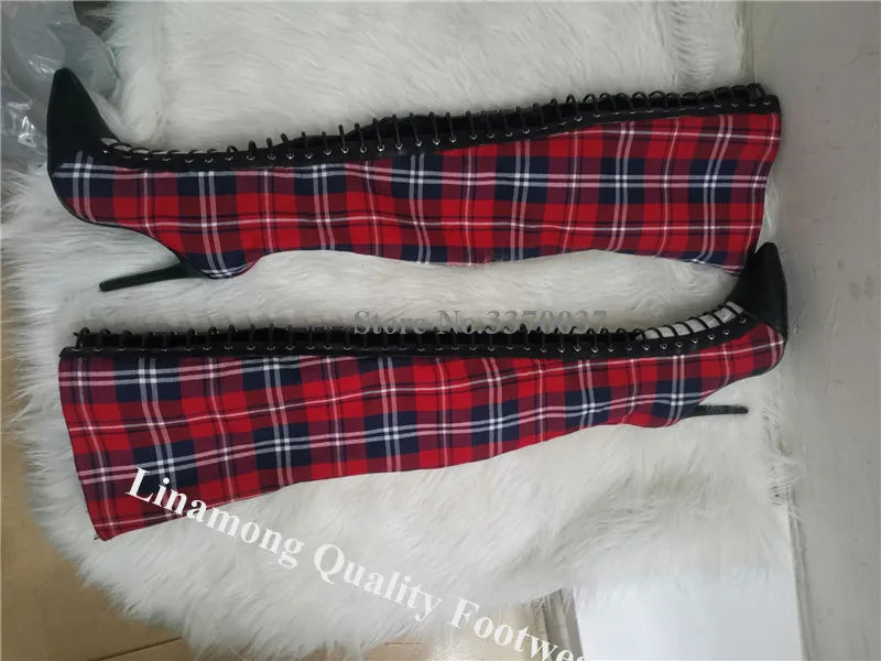 Red Plaid Short Boots Linamong Pointed Toe Cut-out Checkered Stiletto Heel Lace-up Ankle Booties Sexy Slim Dress Heels