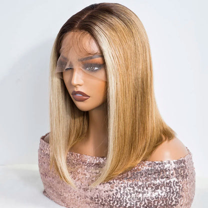 Sleek 13X4 Lace Front Brazilian Hair Wigs Brown Blonde Human Hair Wigs For Women 14 Inch Straight Bob Lace Wigs With 613 Hair