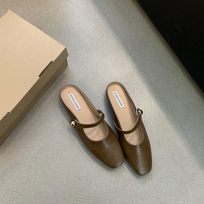 Soft Leather 2025 Ins Silver Buckle Strap Casual Shoes Fashion Flats Elegant Glitter Metallic Mules Shoes Cover Toe Slippers