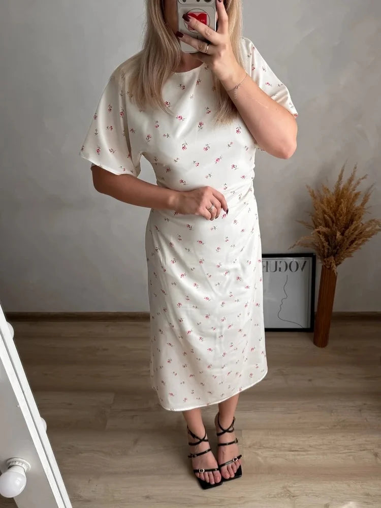 Tossy Floral Print Midi Dress Ruched Dress Round Neck Short Sleeve Fitted Waist Small Flower Print Bodycon Party Clubwear Dress