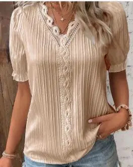 Elegant Women Blouse Shirt V Neck Lace Patchwork Short Sleeve Shirts For Women Summer Lady Tops