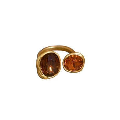 Vintage Brown Crystal Elliptical Open Rings For Women Luxury Rhinestone Contrasting Geometric Adjustable Finger Ring Jewelry