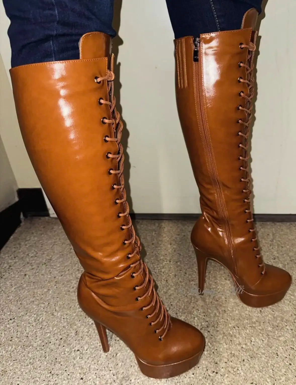 Lady Dark Brown Gladiator Platform Knee Boots Zipper Office Retro Style Lady Footwear Stiletto Heel Boots Pu Mirror Size 34-46