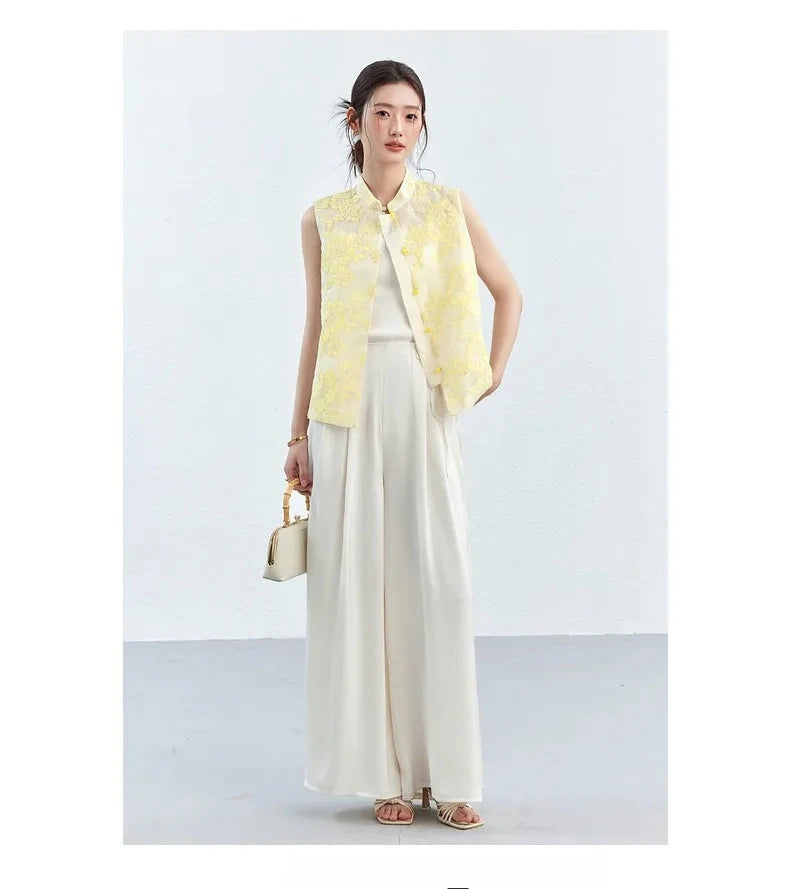 VIMLY Women's Vest 2026 Summer Casual Yellow Floral Embroidery Stand Collar New Chinese Style Sleeveless Jacket Ladies A5251