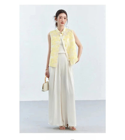 VIMLY Women's Vest 2026 Summer Casual Yellow Floral Embroidery Stand Collar New Chinese Style Sleeveless Jacket Ladies A5251