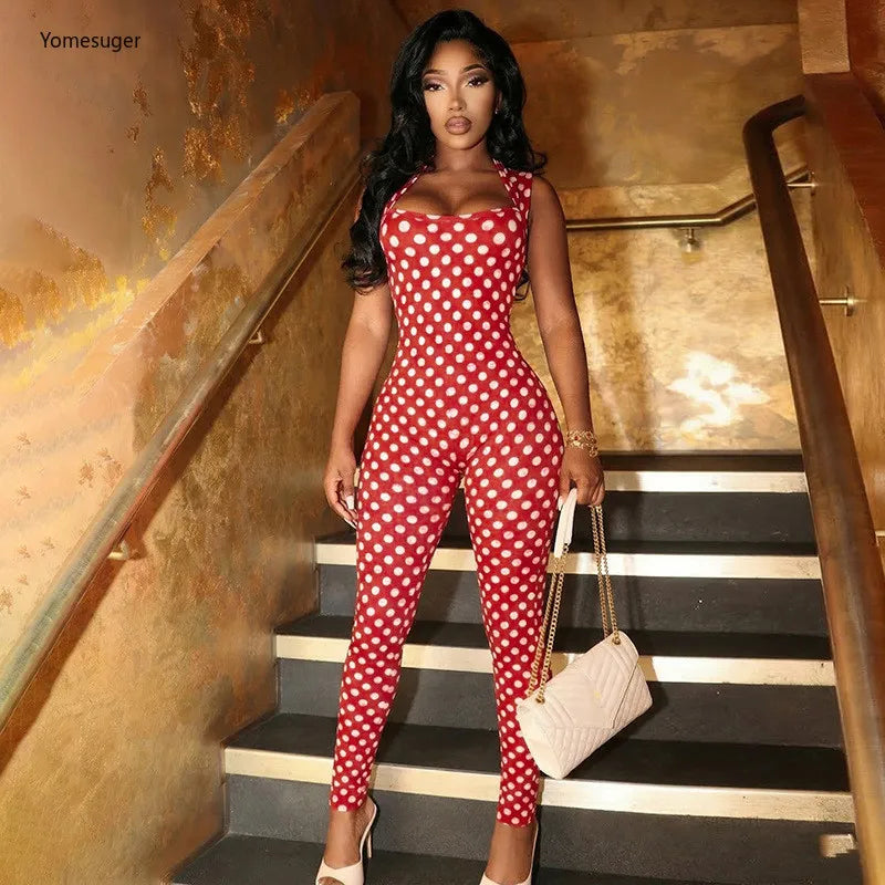 Yomesugar 2026 Summer Women's Polka Dot Printed Backless Jumpsuits Sexy Square Collar Sleeveless Skinny Rompers Party Clubwear