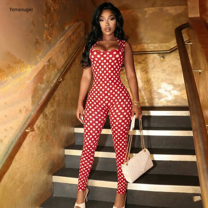 Yomesugar 2026 Summer Women's Polka Dot Printed Backless Jumpsuits Sexy Square Collar Sleeveless Skinny Rompers Party Clubwear