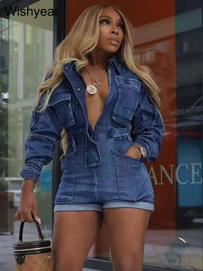 Fashion Blue Bodycon Denim Short Playsuits Women's Long Sleeve Washed Cargo Pocket Jumpsuits Streetwear Overalls Autumn Rompers