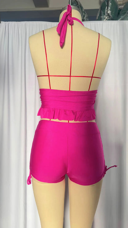Two Piece Halter Tankini Women Deep V Neck Ruffle Hem Top Drawstring Side Shorts Swimwear