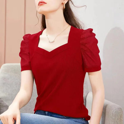Elegant Women's Sweetheart Neck Puff Sleeve Top Blue Ribbed Slim Fit Short Sleeve Blouse Casual Daily Office Wear T-shirt