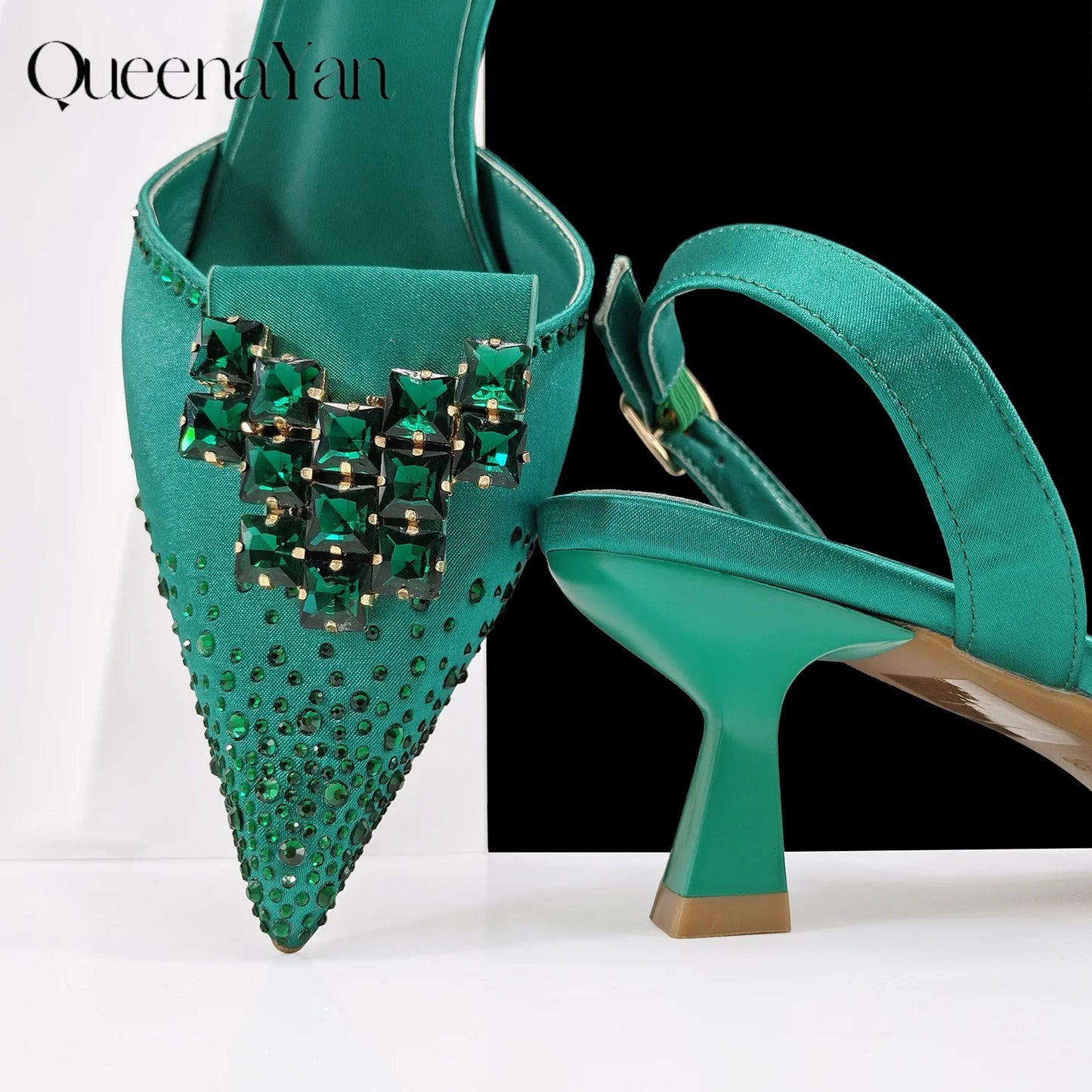 Queen Yan Green Color Rhinestone Comfortable Women's Pumps Heels And Bag Fashion Style Pointed-Toe Shoes For Farty  Occasion