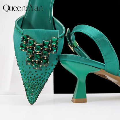 Queen Yan Green Color Rhinestone Comfortable Women's Pumps Heels And Bag Fashion Style Pointed-Toe Shoes For Farty  Occasion