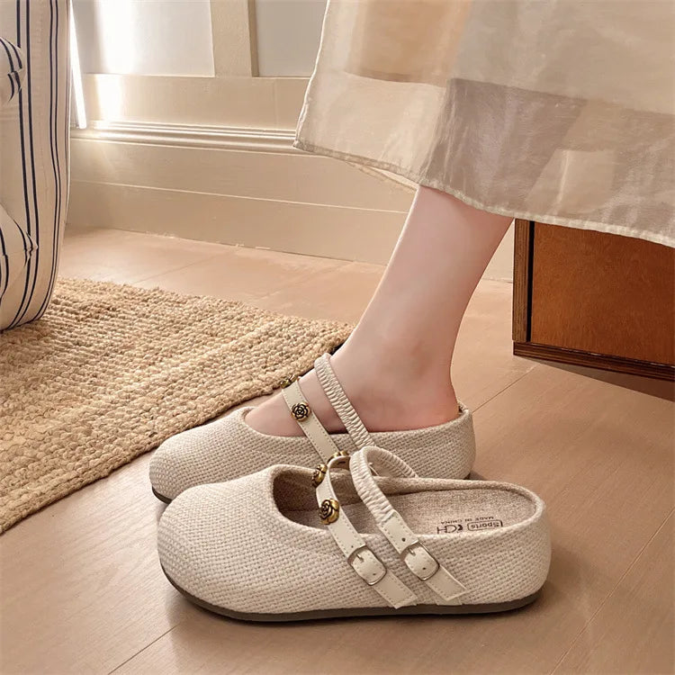 Women's Woven Mary Jane Mules Flat Round Toe Slip-On Shoes with Buckle Straps and Rose Hardware Casual Balletcore Summer Sandals
