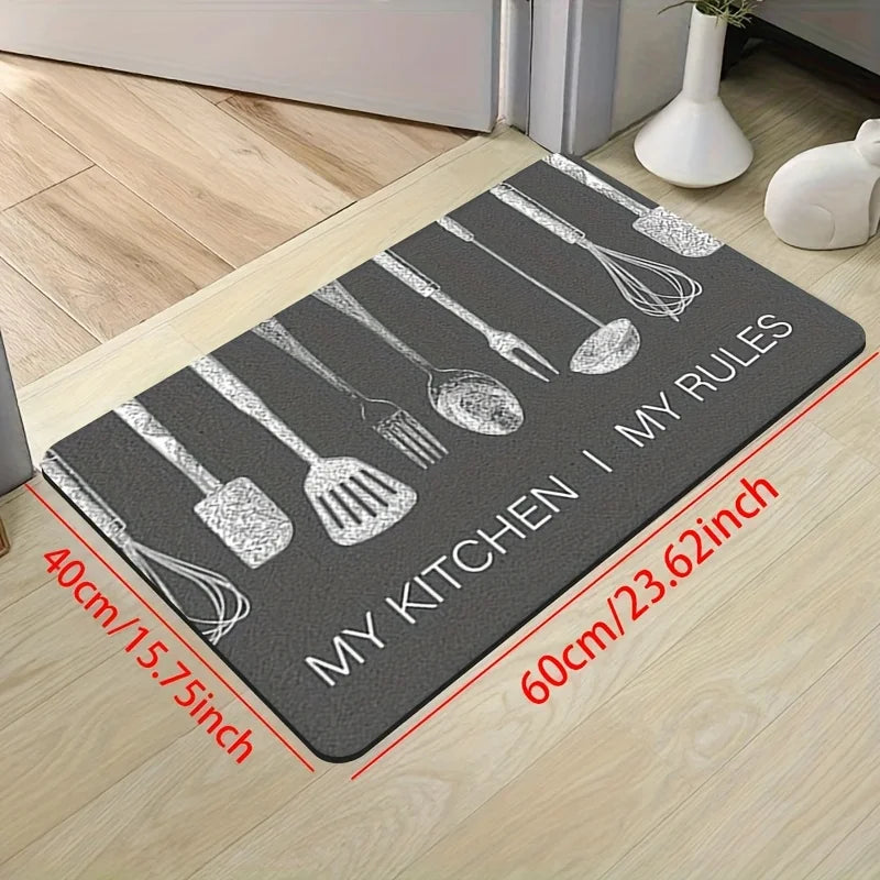 "My Kitchen My Rules" Kitchen Utensil Print Mat, Non-Slip Soft Absorbent Long Floor Rug for Cooking Lovers Home Decor
