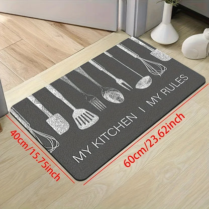 "My Kitchen My Rules" Kitchen Utensil Print Mat, Non-Slip Soft Absorbent Long Floor Rug for Cooking Lovers Home Decor
