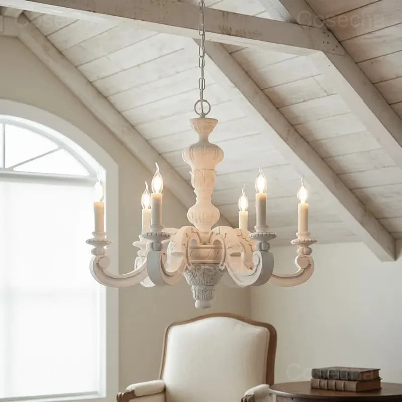 Antique White Wood Chandeliers Mid Century Chandelier Vintage French Hanging Chandeliers Classic 5/6/8 Lights Dining Living Room