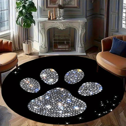 Cat Paw Print Carpet Black Round Mat With Sparkling Design Flannel Soft Floor Rug For Pet Lovers Home Decor Unique Style