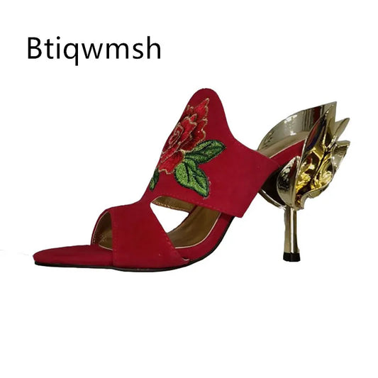 Luxury Flower Sandals Woman Open Toe Gold Strange High Heel Shoes Lady Sexy Mules Slippers