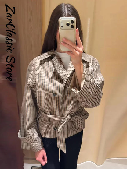 Vintage Plaid Women's Cropped Trench Coat Autumn Lapel Tie Waist Full Sleeve Windbreaker New Chic Casual Elegant Jacket 2026