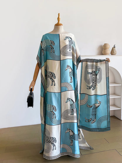 Luxury Horse Print Silk Satin Abaya Set With Matching Hijab Scarf, Loose Batwing Maxi Kaftan Dress For Muslim African Women
