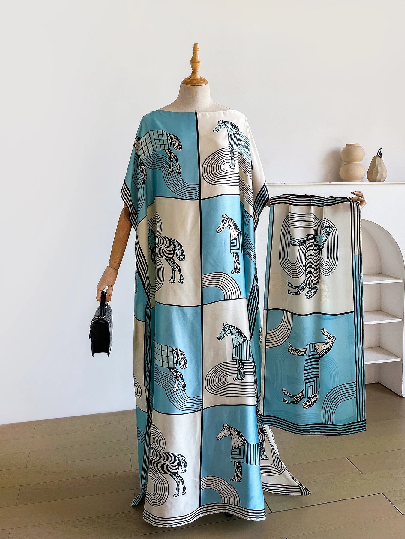 Luxury Horse Print Silk Satin Abaya Set With Matching Hijab Scarf, Loose Batwing Maxi Kaftan Dress For Muslim African Women
