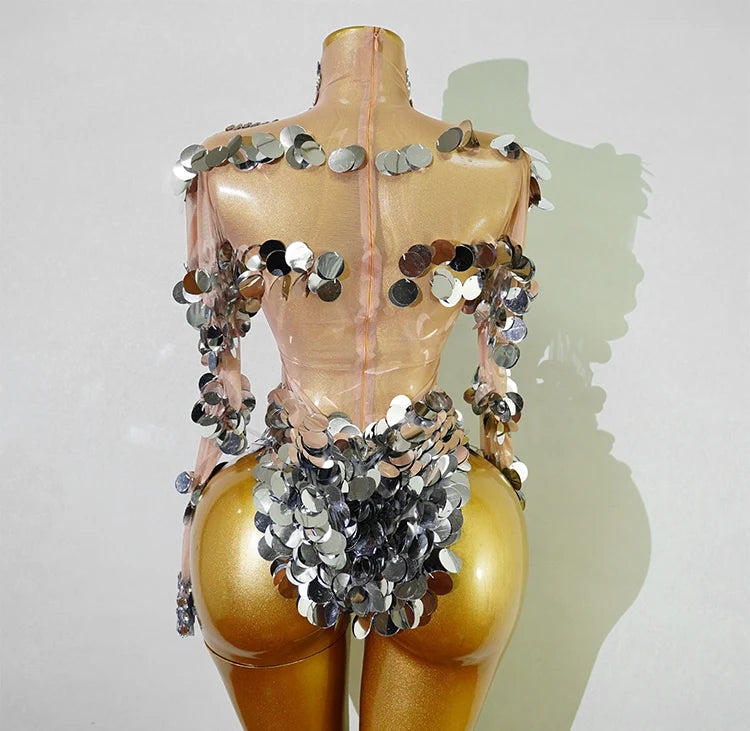 Silver Rhinestone Sequin Dance Set Women Sexy Bodysuit Gogo Latin Pole Dancing Stage Performance Wear Nightclub Drag Queen Show