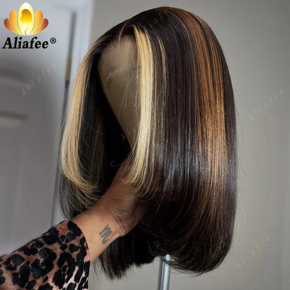 Hot Sale Highlight Natural Black Warm Brown Honey Blonde Bob Straight Shoulder Length Hair Wig 13x4 Lace Frontal Human Hair Wigs