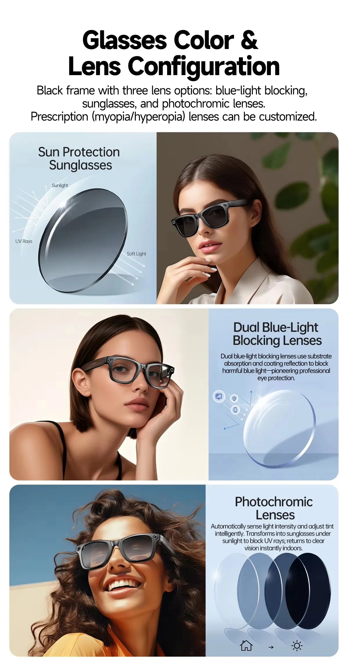 Smart Glasses W610 with Camera 8 Million Pixels Wi-Fi Touch Control Dual-microphone Noise Reduction AI Translation Sunglasses