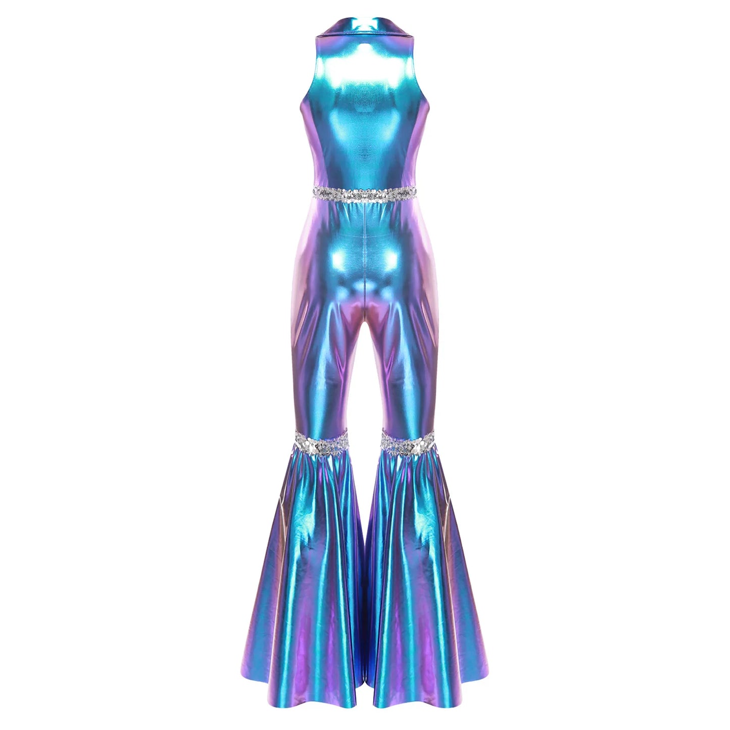 Adult Womens 70s Disco Rompers Lapel V Neck Sleeveless Front Zipper Sequins Bell Bottom Long Pants Jumpsuit Retro Jazz Dancewear
