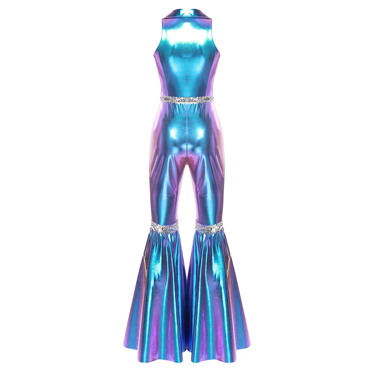 Adult Womens 70s Disco Rompers Lapel V Neck Sleeveless Front Zipper Sequins Bell Bottom Long Pants Jumpsuit Retro Jazz Dancewear