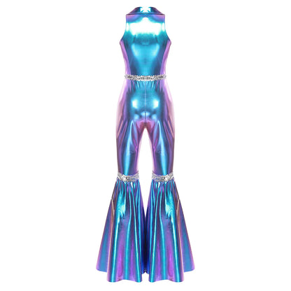 Adult Womens 70s Disco Rompers Lapel V Neck Sleeveless Front Zipper Sequins Bell Bottom Long Pants Jumpsuit Retro Jazz Dancewear