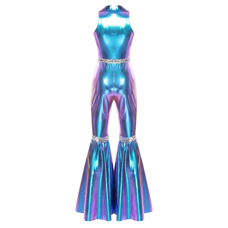 Adult Womens 70s Disco Rompers Lapel V Neck Sleeveless Front Zipper Sequins Bell Bottom Long Pants Jumpsuit Retro Jazz Dancewear