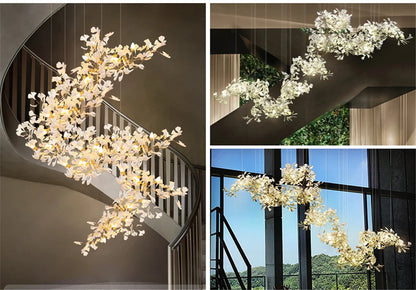 Ginkgo Leaves Loft Hanging Chandelier Light For High Ceiling Staircase Living Dining Room Modern White Porcelain Leaf Chandelier