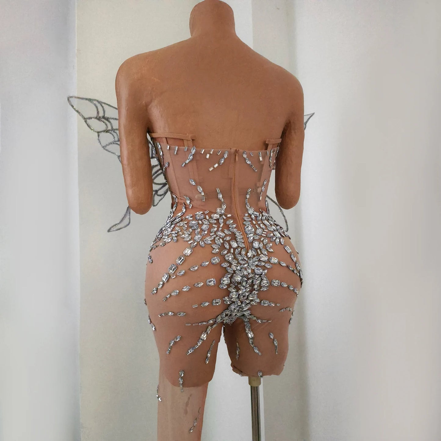 Sexy Shiny Silver Crystal Jumpsuit Transparent Mesh 3D Butterfly Rhinestone Wings Jumpsuit Birthday Party Performance Costume
