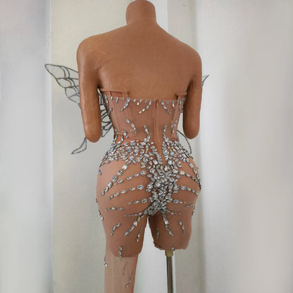 Sexy Shiny Silver Crystal Jumpsuit Transparent Mesh 3D Butterfly Rhinestone Wings Jumpsuit Birthday Party Performance Costume