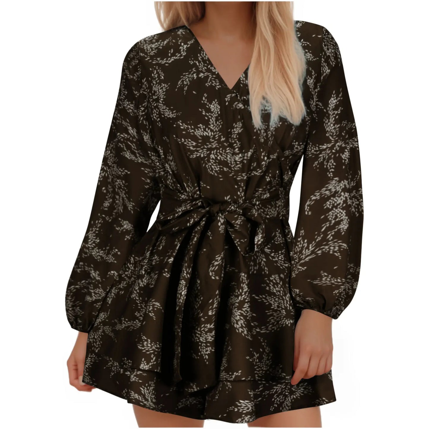 Hot-selling Women's Jumpsuits V-neck Flared Sleeves High Waist Plant Printed Pleated Lace-up Fashion High Street Playsuits
