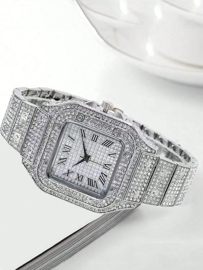Square diamond studded men's watch fashionable and exquisite starry sky steel strip watch for men
