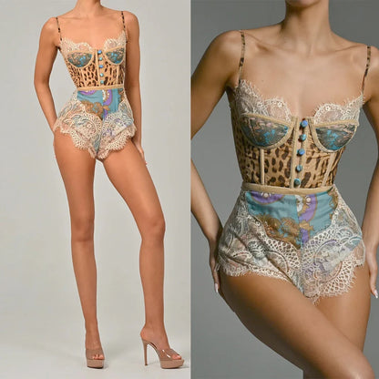 Women Elegant Lace Patchwork Print Party Romper Casual Sleeveless Slim Vacation Playsuit Sexy Off Shoulder Summer Short Jumpsuit