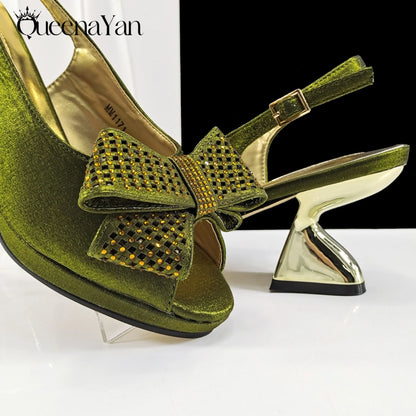 Queena Yan Sky Blue Color Peep Toe High Women Heels Shoes and Bags for Women Rhinestone Evening Party Elegant Luxury Handbag